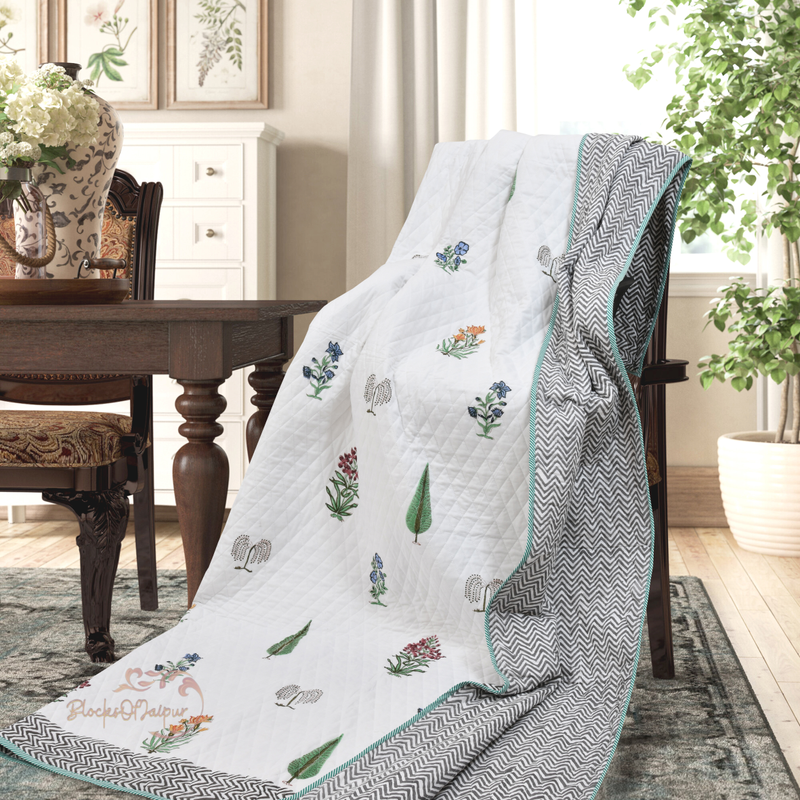 INDIAN COTTON QUILT, Jaipuri Razai, Unique 2 Pillow Cover Floral Block Print Quilt, Hand Made Indian Bedspread, Diamond Cut Machine Quilted