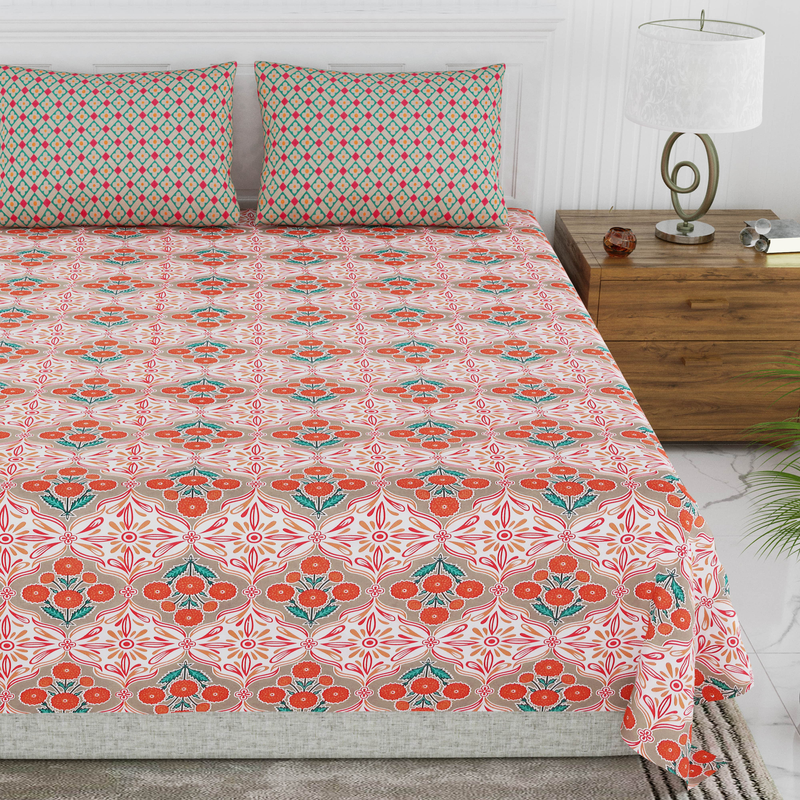  Premium 100% Cotton King Size Bedsheet with 2 Pillow covers 300 TC - 90 x 108 Inches - oriental orange