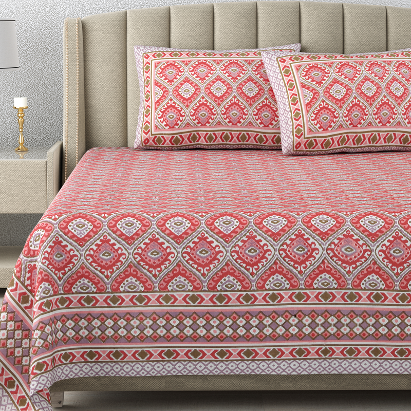 Decama 300 TC Premium 100% Cotton King Size Bedsheet with 2 Pillow covers- 90 x 108 Inches - Ikat Red